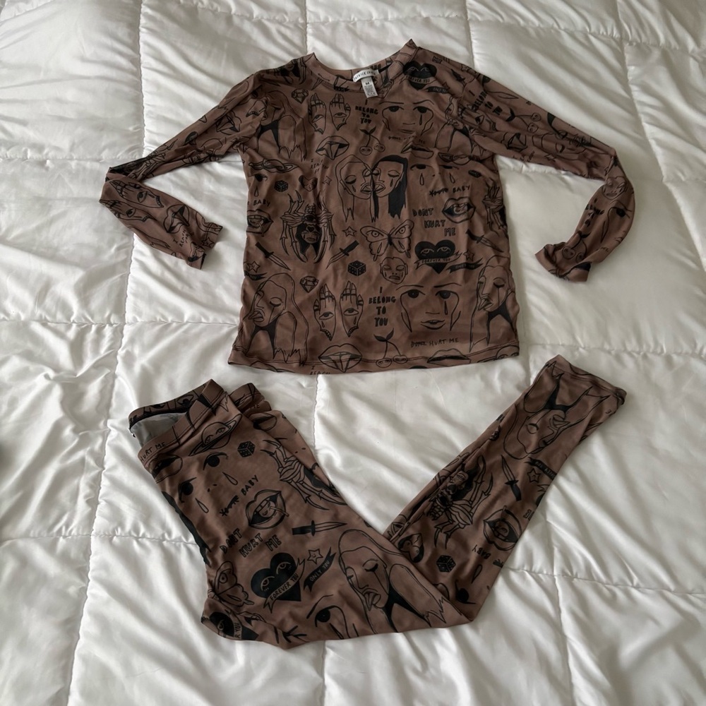 Patrick Church Tattoo Print Mesh Set Brown Graphic Top Leggings Medium